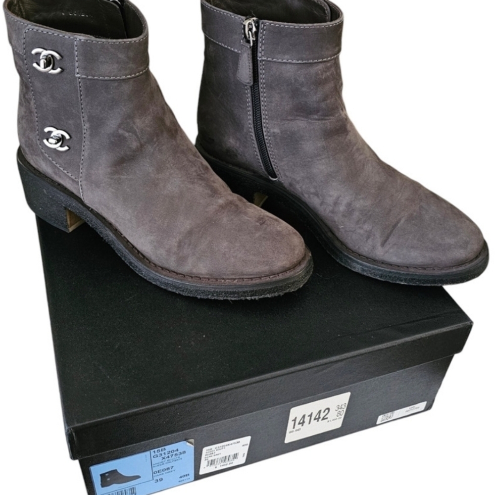 CHANEL Gray/brown Ankle Boots with Suede Finish and Turn Lock CC